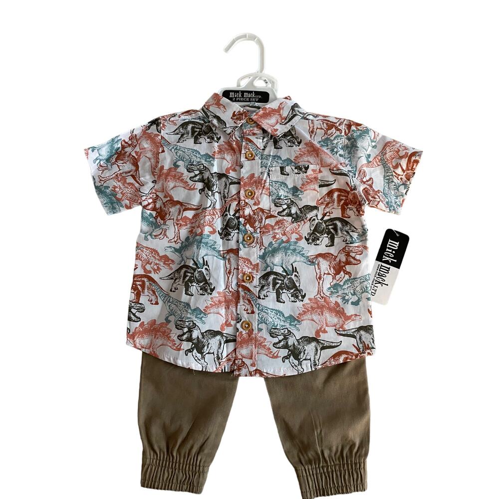 Mick Mack 12 Month baby boy Short Sleeve button up pant set w/ Dinosaurs NWT